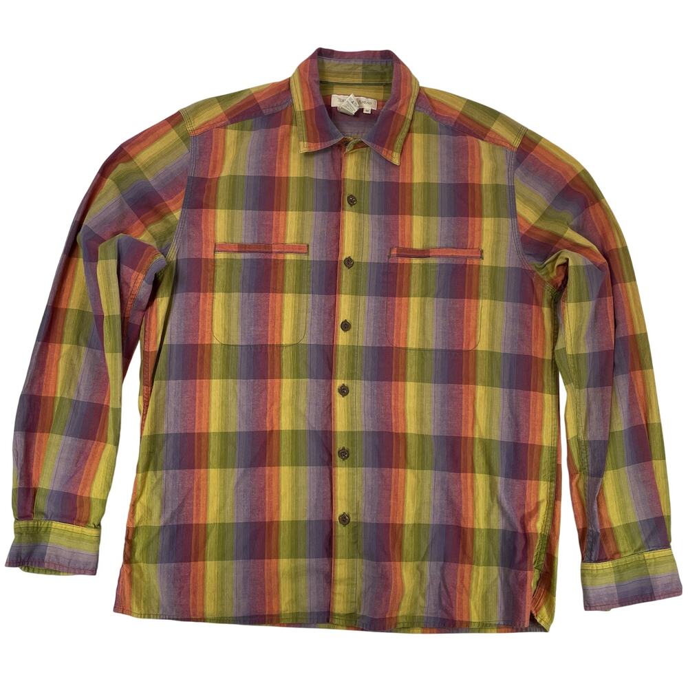 Territory Ahead Cotton Plaid Shirt Mens M Multicolor Textured Long Sleeve Boho